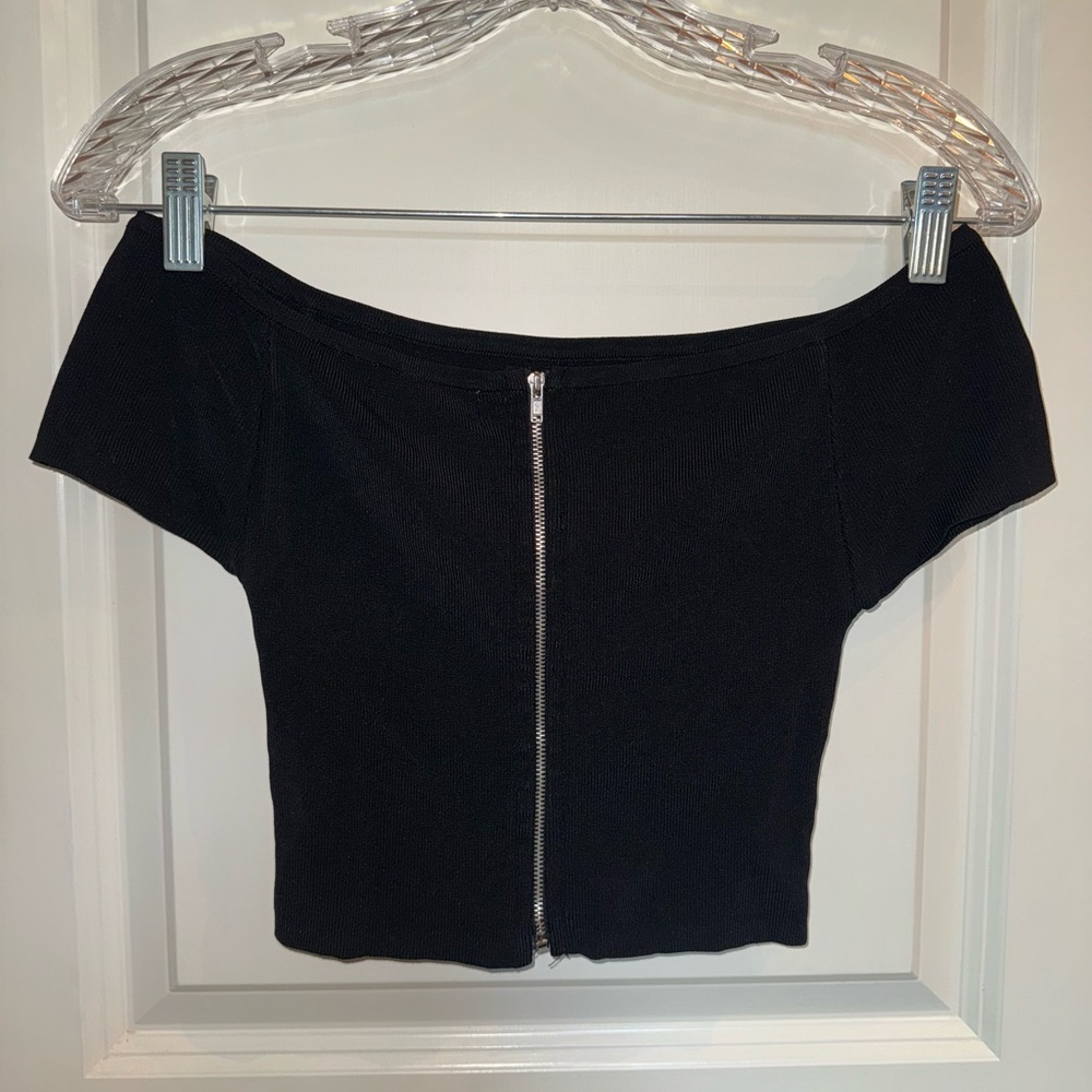 Rehab Black Off-Shoulder Zip-Up Crop Top